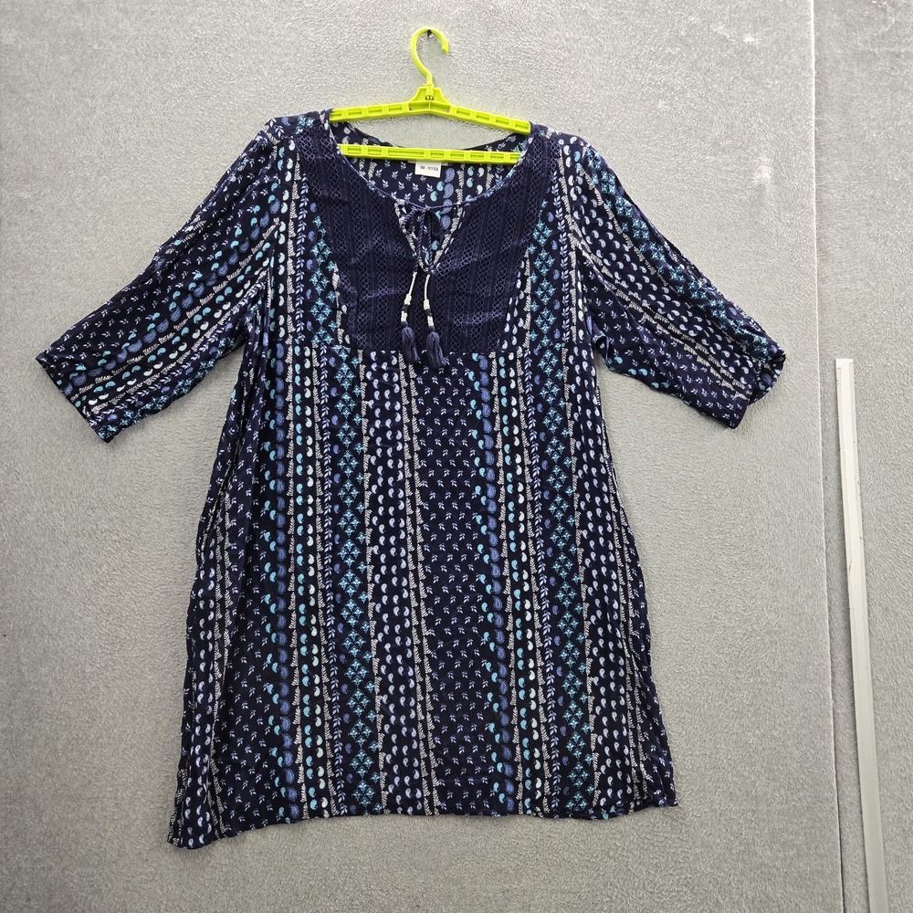 Woman Within Women Dress 24W Navy Floral Peasant Lace Tassels V-Neck Pullover